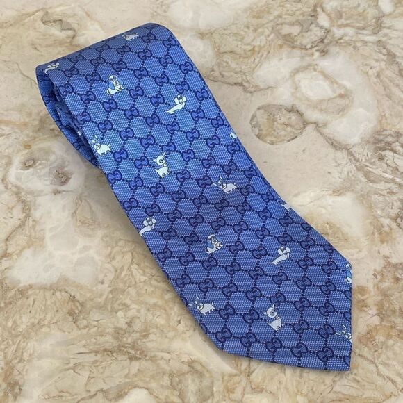 GUCCI Interlocking GG Dog Pattern Blue/Navy 100% Silk Tie - Picture 5 of 14